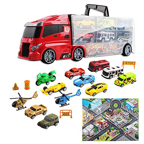 deAO Camión Transportador Maletín Portacoches Conjunto Playset Incluye Surtido Total de 12 Vehiculos y Accesorios