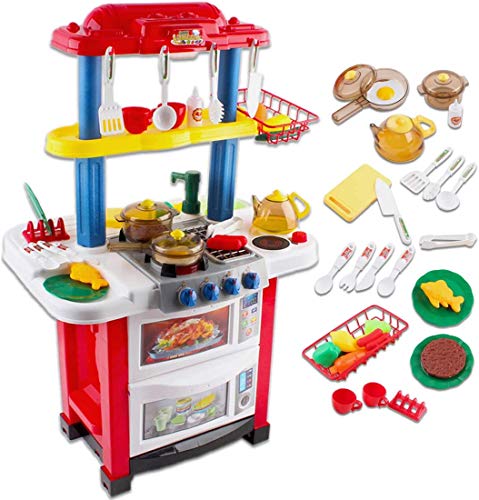 deAO Cocina de Juguete Happy Little Chef Cocinita con Luces, Sonidos, Funciones de Agua Real y Accesorios Incluidos