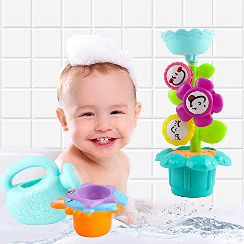 deAO Conjunto Juguetes para Hora del Baño Infantil Flor de Agua con Molinos, Pato, Cocodrilo, Tiburón, Tortuga, Peces, Regadera y Más Accesorios Incluye Bolsa de Almacenaje