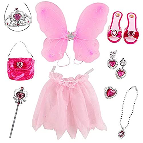 deAO Disfraz de Hada Juego Infantil de Imitación Princesa de Cuento de Hadas Conjunto Incluye Alas de Mariposa, Falda Tutú, Zapatos, Joyas, Tiara, Barita Mágica y Bolso de Mano (Rosa)