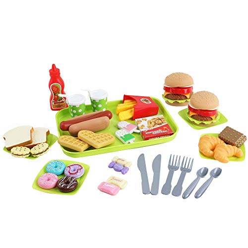 deAO Juego de Comida Rápida Hamburguesería y Tienda de Dulces Conjunto Infantil de Imitación Incluye 25 Piezas y Caja de Almacenaje, Accesorios para Cocina de Juguete Actividad Educativa