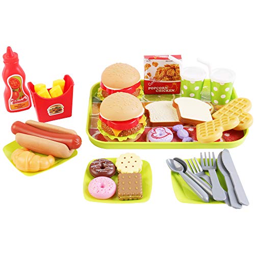 deAO Juego de Comida Rápida Hamburguesería y Tienda de Dulces Conjunto Infantil de Imitación Incluye 25 Piezas y Caja de Almacenaje, Accesorios para Cocina de Juguete Actividad Educativa