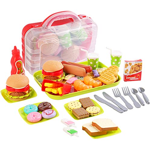 deAO Juego de Comida Rápida Hamburguesería y Tienda de Dulces Conjunto Infantil de Imitación Incluye 25 Piezas y Caja de Almacenaje, Accesorios para Cocina de Juguete Actividad Educativa