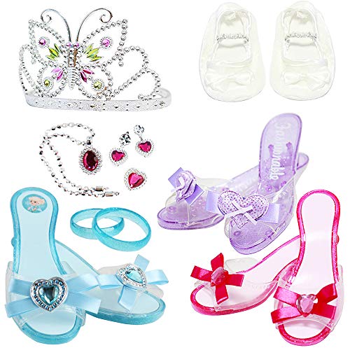 deAO Juego de Zapatos y Accesorios de Princesa Conjunto Infantil de Imitación 3 Pares de Zapatos con Tacón, 1 Par de Ballerinas, Corona y Joyas Conjunto Fabricado en Plástico