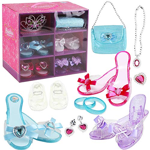 deAO Juego de Zapatos y Accesorios de Princesa Conjunto Infantil de Imitación 3 Pares de Zapatos con Tacón, 1 Par de Ballerinas, Corona y Joyas Conjunto Fabricado en Plástico