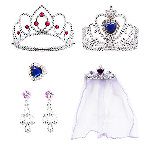 deAO Juego de Zapatos y Accesorios de Princesa Conjunto Infantil de Imitación 3 Pares de Zapatos con Tacón, Corona, Tiara, Diadema con Velo y Joyas a Conjunto Fabricado en Plástico