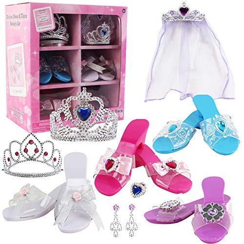 deAO Juego de Zapatos y Accesorios de Princesa Conjunto Infantil de Imitación 3 Pares de Zapatos con Tacón, Corona, Tiara, Diadema con Velo y Joyas a Conjunto Fabricado en Plástico