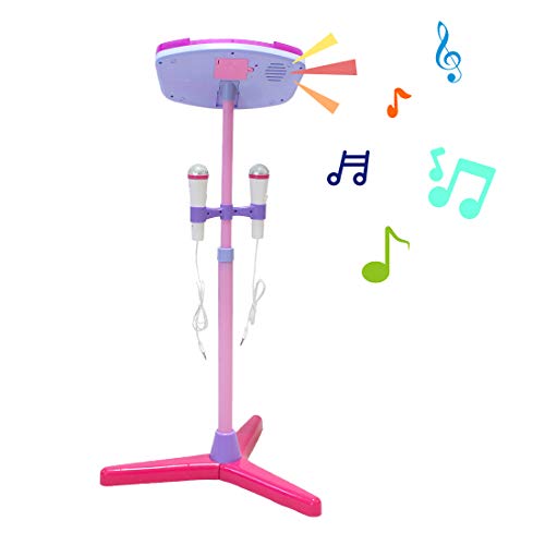 deAO Karaoke Infantil Dúo Conjunto Musical de 2 Micrófonos con Soporte de Pie, Amplificador, Puerto Externo y Luces LED (Rosa)