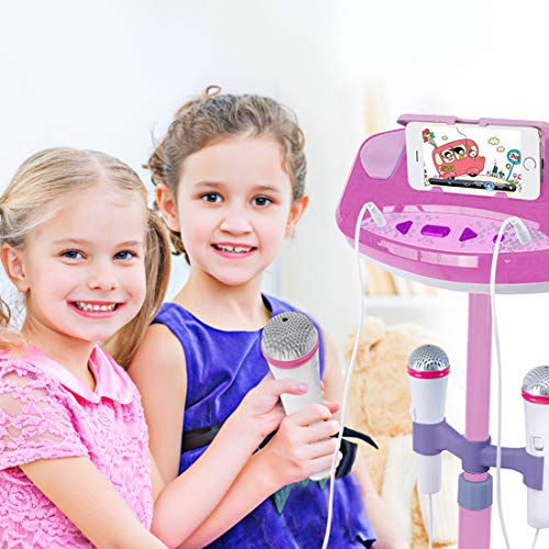 deAO Karaoke Infantil Dúo Conjunto Musical de 2 Micrófonos con Soporte de Pie, Amplificador, Puerto Externo y Luces LED (Rosa)