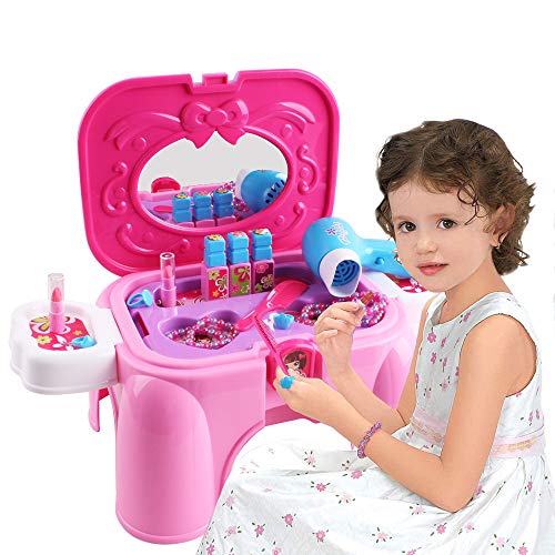 deAO Maleta de Maquillaje Conjunto 3 en 1 de Belleza y Moda Portátil Taburete Infantil y Maletín de Juegos con Accesorios Incluidos, Asa y Cerradura