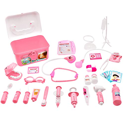 deAO Maletín de Doctor y Dentista Conjunto 2en1 Doctor y Enfermería Clínica Dental Juego para Niños y Niñas Incluye 17 Accesorios Luces y Sonidos (Rosa)