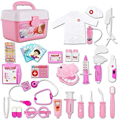 deAO Maletín de Doctor y Dentista Conjunto 2en1 Doctor y Enfermería Clínica Dental Juego para Niños y Niñas Incluye 17 Accesorios Luces y Sonidos (Rosa)