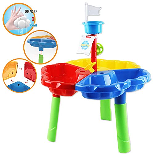 deAO Mesa de Agua y Arena Mesita Infantil para Juegos y Actividades Infantiles al Exterior Incluye Accesorios y Moldes con Diseño Multicolor