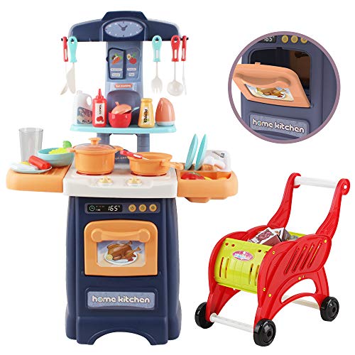 deAO Mi Pequeño Chef Cocinita de Juguete Tamaño Mini con Características de Agua, Luz y Sonidos Conjunto Infantil de Cocina con 50 Accesorios Incluidos (Azul)