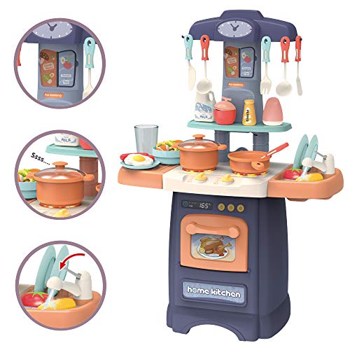 deAO Mi Pequeño Chef Cocinita de Juguete Tamaño Mini con Características de Agua, Luz y Sonidos Conjunto Infantil de Cocina con 50 Accesorios Incluidos (Azul)