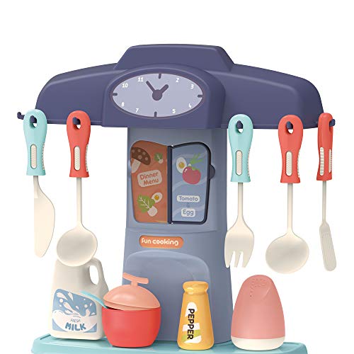 deAO Mi Pequeño Chef Cocinita de Juguete Tamaño Mini con Características de Agua, Luz y Sonidos Conjunto Infantil de Cocina con 50 Accesorios Incluidos (Azul)