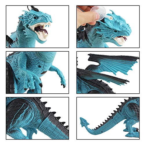 deAO RC Dragón Inteligente Robot Teledirigido con Luces, Sonidos y Efecto de Humo Juguete Electrónico Multifuncional Incluye 3 Figuras de Dinosaurios Mini Adicionales (Azul)