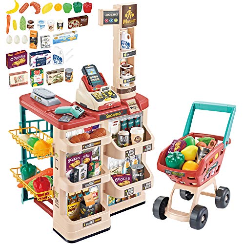 deAO Supermercado Tienda de Juguete Puesto de Mercado Infantil con Carrito de la Compra, Scanner, Caja Registradora y más de 20 Accesorios de Imitación Incluidos (Rojo)