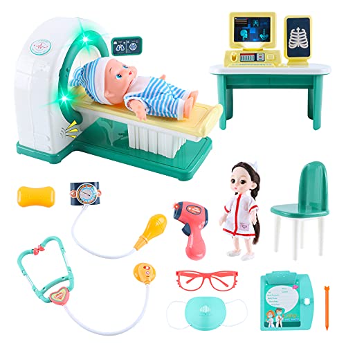 deAO Visitas al Doctor y Enfermería Juego Infantil Médico con Máquina de TC, Muñeca Enfermera, Muñeco Paciente y Variedad de Accesorios con Luces y Sonidos