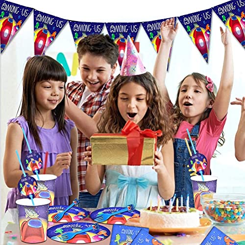 Decoracion cumpleaños Among Us,95 PCS Juego de vajilla para fiestas, Cumpleaños Vajilla, Plato, Papel, Cuchillo, Tenedor, Pajitas, Vaso de Papel, Game Among Us Theme Vajilla de Fiesta Temática - 10 pe