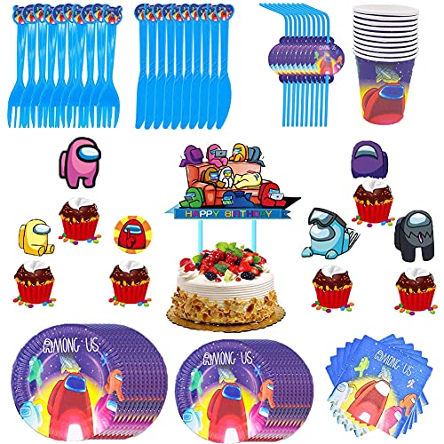 Decoracion cumpleaños Among Us,95 PCS Juego de vajilla para fiestas, Cumpleaños Vajilla, Plato, Papel, Cuchillo, Tenedor, Pajitas, Vaso de Papel, Game Among Us Theme Vajilla de Fiesta Temática - 10 pe