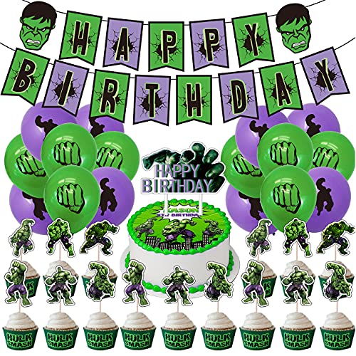 Decoracion Cumpleaños de Hulk - simyron 42 Piezas Hulk Tema Supplies de Fiesta Set Látex Globos Decoración Cake Toppers Happy Birthday Banner Cumpleaños Fiesta Decoracion para Niño