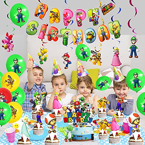 Decoracion Cumpleaños Super Mario Globos Mario Bros Pancarta Super Mario Remolinos Colgantes de Decoración Super Mario Decoración Tarta Para Fiestas de Super Mario