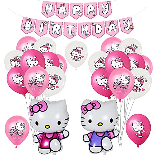 Decoración de Fiesta de Cumpleaños de Hello Kitty Globos Pancarta de Feliz Cumpleaños Globos Aluminio para Niños Decoracion Cumpleaños Hello Kitty