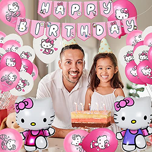 Decoración de Fiesta de Cumpleaños de Hello Kitty Globos Pancarta de Feliz Cumpleaños Globos Aluminio para Niños Decoracion Cumpleaños Hello Kitty