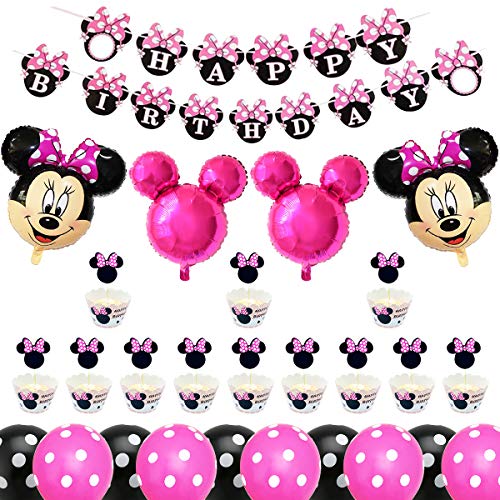 Decoración de Fiesta de Cumpleaños de Minnie, BESTZY Globos de Cumpleaños Artículos para la fiesta de Minnie para Baby Shower de Ccumpleaños(Rosa roja)