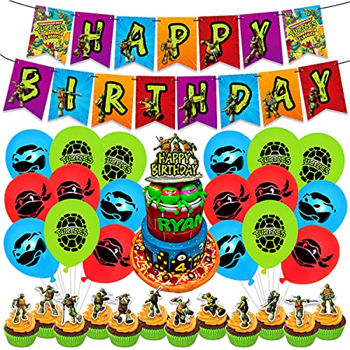 Decoración de Fiesta de Cumpleaños-Miotlsy 34pcs Tortugas Ninjas mutantes Adolescentes Party's Globos Decoraciones de Cupcakes, para Niños Party Supplies