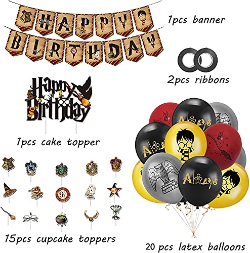 Decoración Harry Potter Cumpleaños Globos Feliz Cumpleaños Pancarta Wizard Decoración de Tartas para Niños Mago Cumpleaños Fiesta Decoracion Temática