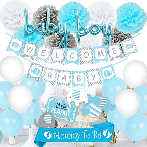 Decoraciones de Baby Shower azul para niño, MOMMY BE BE Sash, Centros de mesa de elefantes, Globos de bienvenida de Baby Banner Boy para Baby Shower de elefante