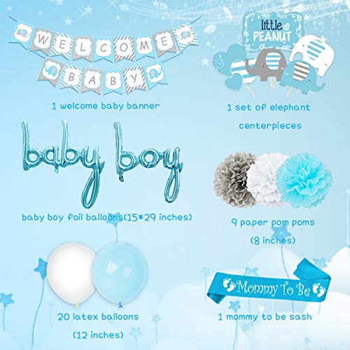 Decoraciones de Baby Shower azul para niño, MOMMY BE BE Sash, Centros de mesa de elefantes, Globos de bienvenida de Baby Banner Boy para Baby Shower de elefante