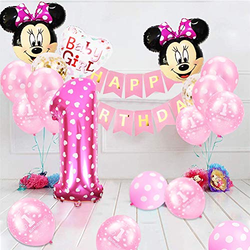 Decoraciones de Cumpleaños de Mickey, BESTZY 1er Cumpleaños Bebe Rosado Globos Decoraciones de Fiesta Temática Rosado de Mickey Globos de Confeti de Latex Niña Ballon Party