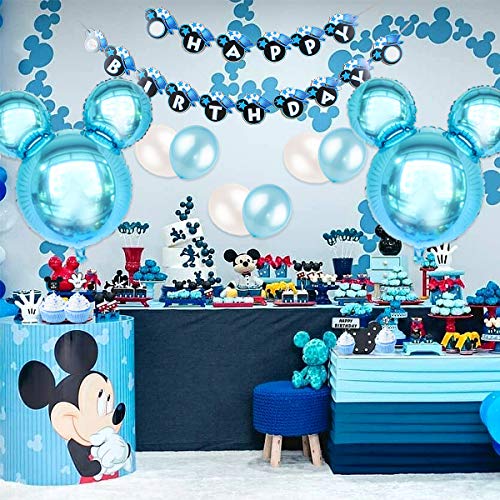 Decoraciones de cumpleaños de Mickey Mouse, azul para niños, pancarta de feliz cumpleaños y Mickey Cupcake Toppers para el primer cumpleaños, Baby Shower