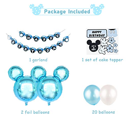 Decoraciones de cumpleaños de Mickey Mouse, azul para niños, pancarta de feliz cumpleaños y Mickey Cupcake Toppers para el primer cumpleaños, Baby Shower