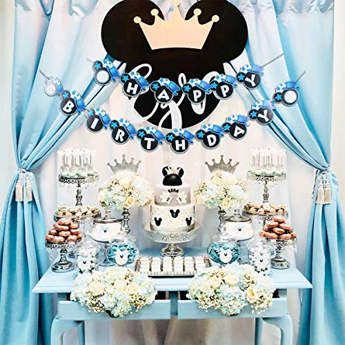 Decoraciones de cumpleaños de Mickey Mouse, azul para niños, pancarta de feliz cumpleaños y Mickey Cupcake Toppers para el primer cumpleaños, Baby Shower