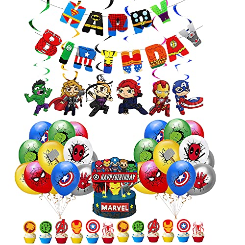 Decoraciones de Superhéroe Fiesta Globos de Superhero Vengadores Feliz Cumpleaños del Pancarta Superhéroes Remolinos Colgantes de Decoración Avengers Decoracion Tarta