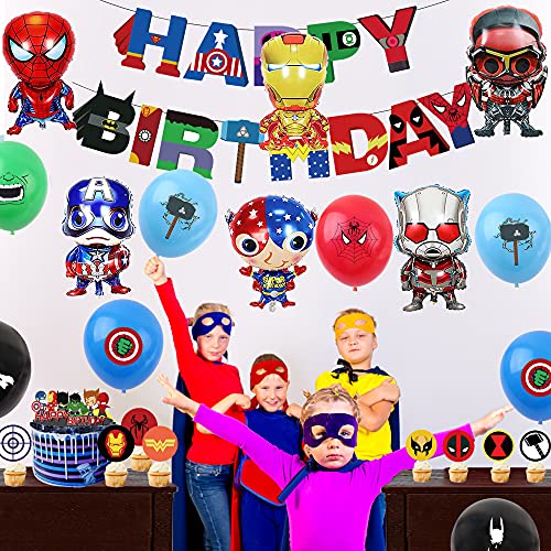 Decoraciones Fiestas Superhéroes Globos Vengadores Banner de Feliz Cumpleaños de Avengers Globos de Papel Aluminio de Cumpleaños de superhero Decoración para Tarta de superhero