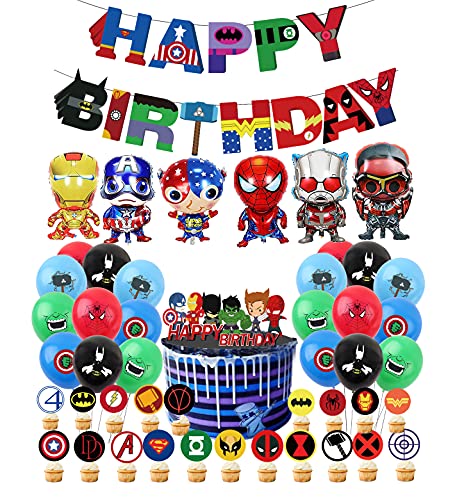 Decoraciones Fiestas Superhéroes Globos Vengadores Banner de Feliz Cumpleaños de Avengers Globos de Papel Aluminio de Cumpleaños de superhero Decoración para Tarta de superhero