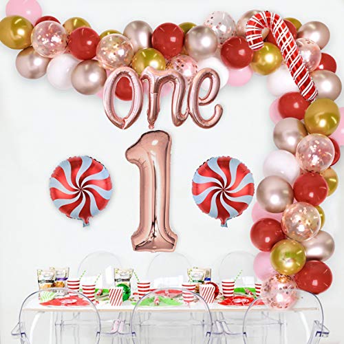 Decoraciones navideñas para el primer cumpleaños para niña Guirnalda de globos de oro rosa para Navidad Decoraciones para el primer cumpleaños Suministros Lollipop Candy Cane