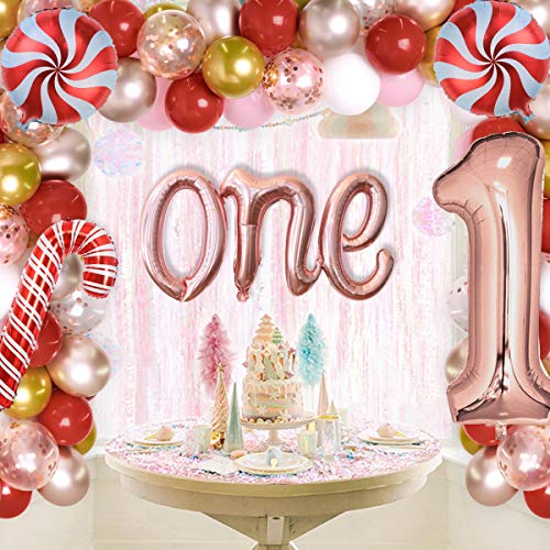 Decoraciones navideñas para el primer cumpleaños para niña Guirnalda de globos de oro rosa para Navidad Decoraciones para el primer cumpleaños Suministros Lollipop Candy Cane