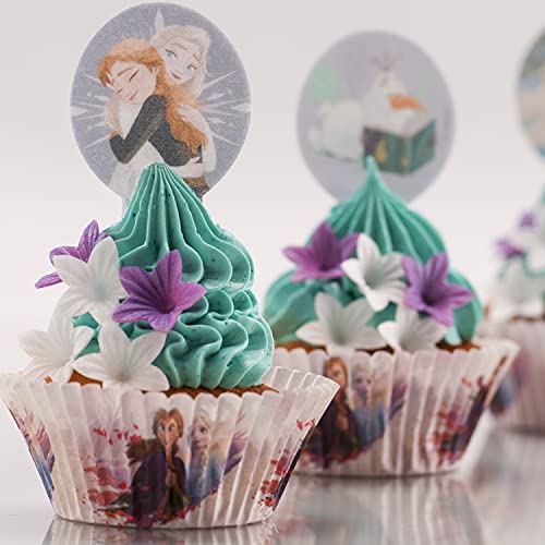 Dekora Dekorapin Decoración Comestible para Tartas Cupcakes o Pasteles de Cumpleaños Infantiles, 20 Obleas Comestibles de Frozen 2 Tamaño 6,5x4cm, 135013