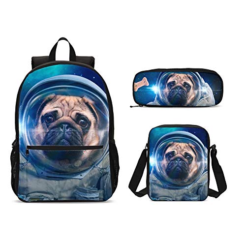 Delerain Astronauta perro carlino 3 piezas Mochila Set para niños Back to School Bookbag con Shouder Bag y estuche de lápiz durable ligero viaje para adolescentes estudiantes niños niñas