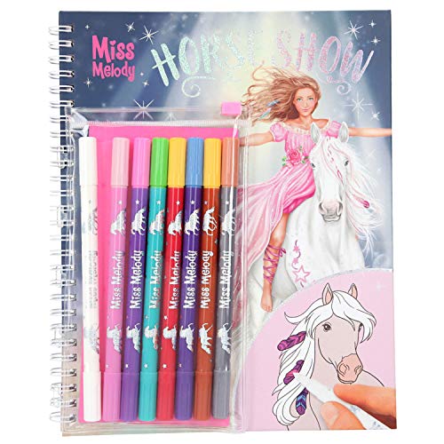 Depesche Depesche-DP-006049 6049 Miss Melody-Libro para Colorear con 7 rotuladores de Doble Fibra mágica, 30 páginas con Motivos de How de Caballos, Color carbón