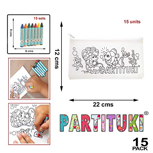 Detalles para Niños Partituki. 15 Estuches para Colorear y 15 Sets de 7 Ceras de Colores. Detalles Fiestas Infantiles. Con Certificado CE de no Toxicidad