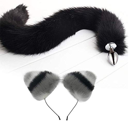 Diadema con orejas de gato y amuletos de cola de zorro sintéticos largos y esponjosos negros, juego de roles, disfraz de fiesta, accesorio de cosplay (blanco, gris y negro, S)