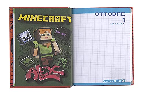 Diario Minecraft - Escolar rojo sin fecha, 12 meses, estándar, 18 x 13 cm + bolígrafo de colores