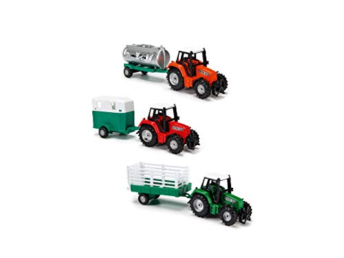 Dickie Toys 203733001 Farm Life Team - Tractor con Remolque, Juguete de Granja, Tractor de Juegos, con depósito, Remolque para Caballos o heno, 3 Modelos Diferentes, 18 cm, a Partir de 3 años